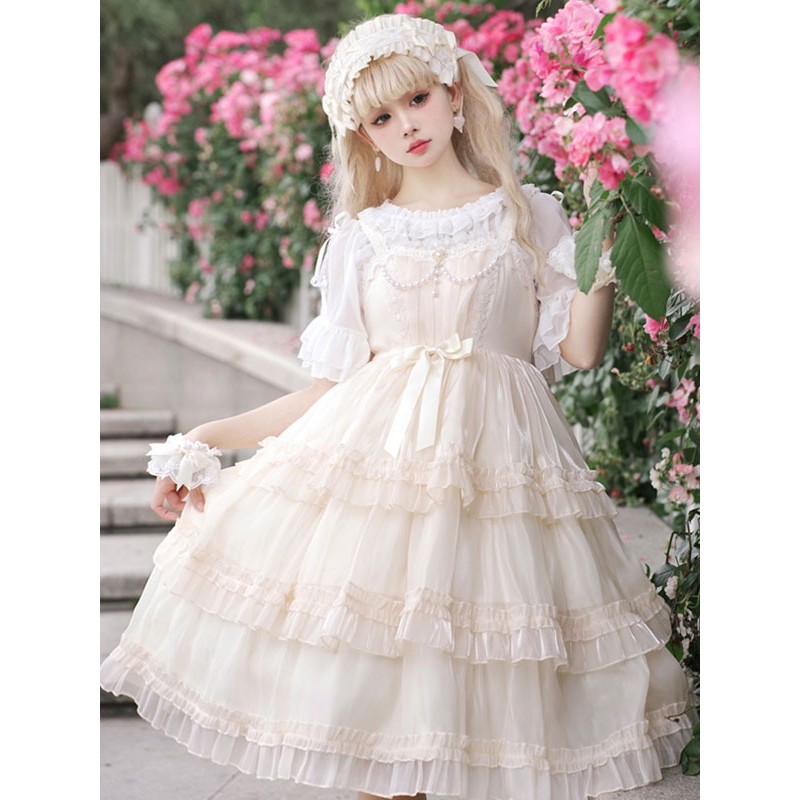 Lolita Dresses Tea Party Style Lolita Skirt Pearls Sleeveless Polyester Sweet Light Apricot