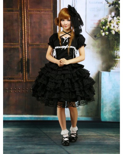 Black Lolita OP Dress Short Sleeves With Ruffles And Lace Trims Summer Tea Party