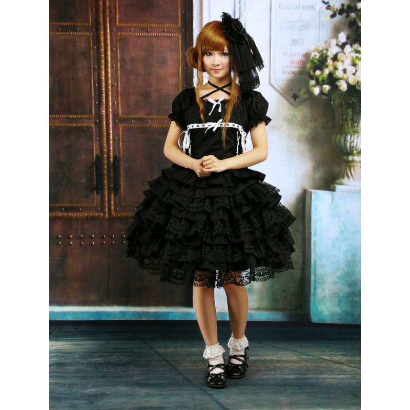 Black Lolita OP Dress Short Sleeves With Ruffles And Lace Trims Summer Tea Party