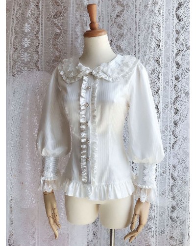 Rococo Lolita Blouses Lace Chiffon Ruffles Peter Pan Collar White Lolita Top Spring Summer