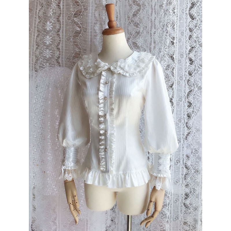 Rococo Lolita Blouses Lace Chiffon Ruffles Peter Pan Collar White Lolita Top Spring Summer