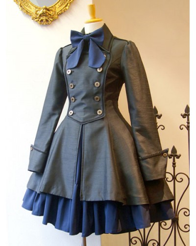 Classic Lolita Outfit Bow Zipper Lace Up Double Breasted Lolita Overcoat With Pleated Jumper Skirt Classic  Traditional