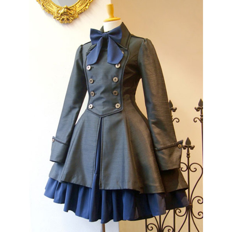 Classic Lolita Outfit Bow Zipper Lace Up Double Breasted Lolita Overcoat With Pleated Jumper Skirt Classic  Traditional