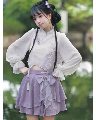 Chinese Style Lolita Outfits Deep Purple Fringe Bows Floral Print Long Sleeves Skirt Top Chinese Style