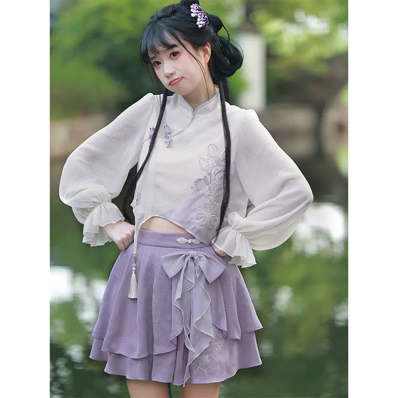 Chinese Style Lolita Outfits Deep Purple Fringe Bows Floral Print Long Sleeves Skirt Top Chinese Style