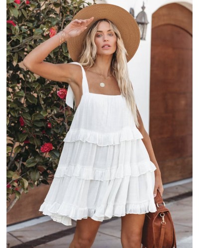 Dress Square Neck Lace Up Layered White Short Beach Dress Summer Street Wear Daily Casual Resort Wear