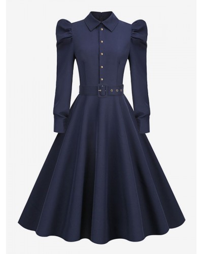 Dress 1950s Audrey Hepburn Style Dark Navy Long Sleeves Turndown Collar Rockabilly Dress Vintage Retro Fall