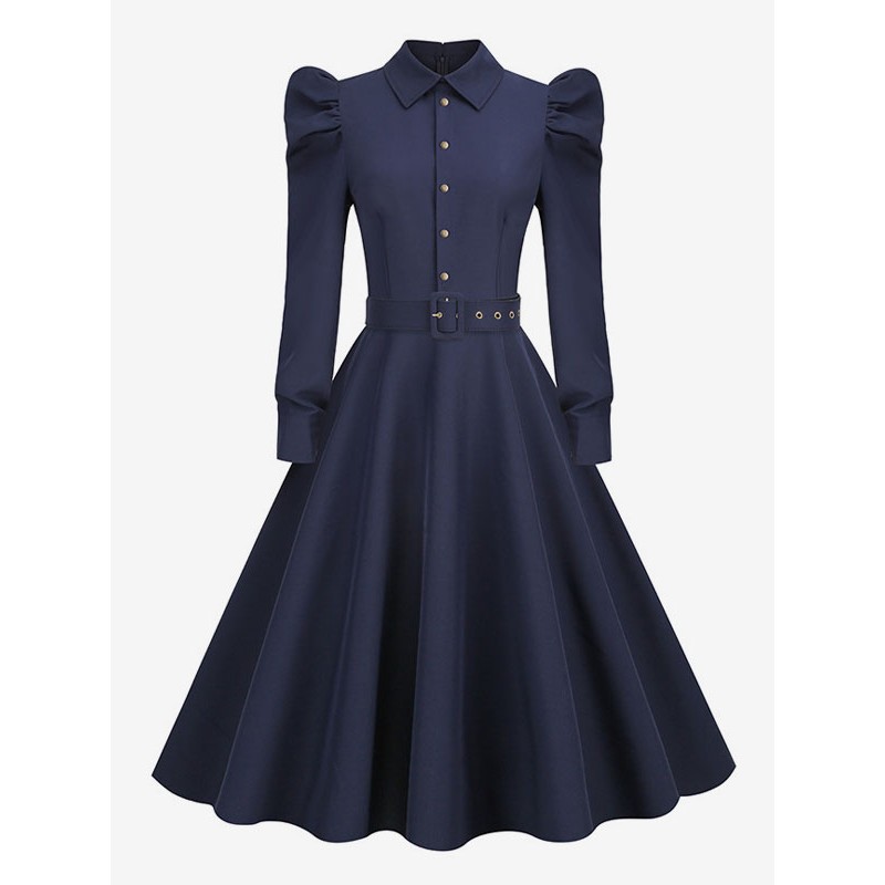 Dress 1950s Audrey Hepburn Style Dark Navy Long Sleeves Turndown Collar Rockabilly Dress Vintage Retro Fall