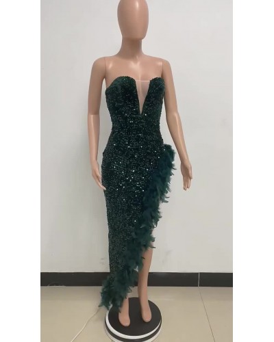 Women Sequin Party Dresses Green Birthday Strapless Semi Formal Prom Dress Sexy Summer