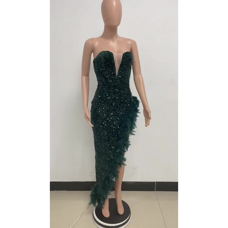 Women Sequin Party Dresses Green Birthday Strapless Semi Formal Prom Dress Sexy Summer