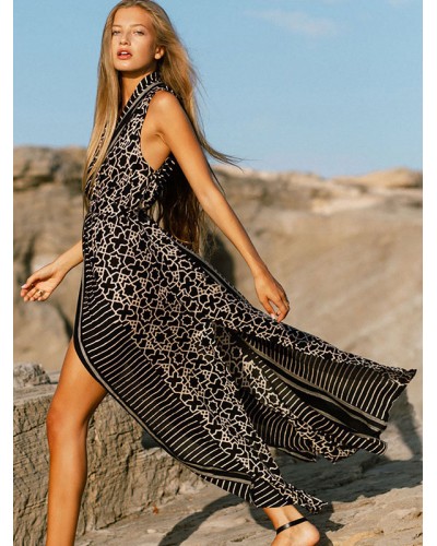 Women Black Geometric Lace Up V-Neck Sleeveless Oversized Sexy Swimwear Cover Ups Summer