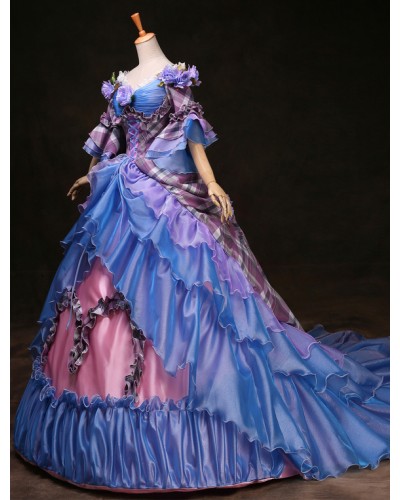 【xs~6xl】Victorian Dress Costume Women's Royal Purple Women's Rococo Ball Gown Plaid Tiered Flowers Ruffle Victorian Era Outfits Vintage Princess Costumes ROCOCO Halloween Holiday Pageant