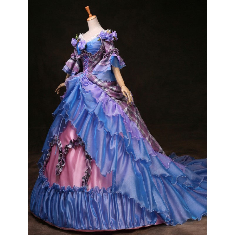 【xs~6xl】Victorian Dress Costume Women's Royal Purple Women's Rococo Ball Gown Plaid Tiered Flowers Ruffle Victorian Era Outfits Vintage Princess Costumes ROCOCO Halloween Holiday Pageant