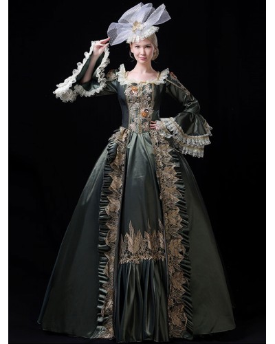 Victorian Dress Costume Women's Retro Lace Ruffles Embroidered Style Marie Antoinette Trumpet Long Sleeves Sage Square Neckline Costumes Masquerade Ball Gown Halloween Baroque