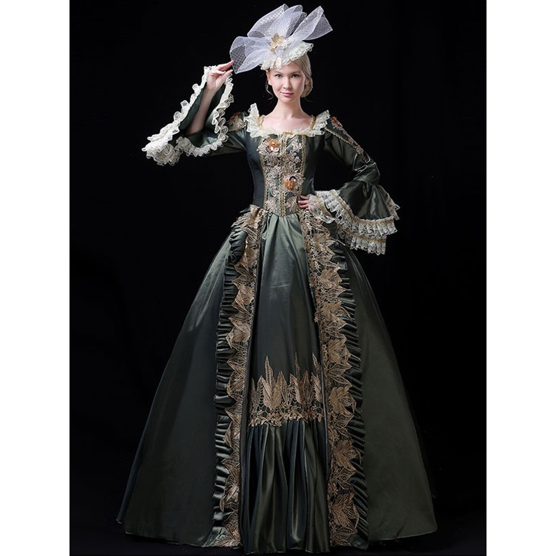 Victorian Dress Costume Women's Retro Lace Ruffles Embroidered Style Marie Antoinette Trumpet Long Sleeves Sage Square Neckline Costumes Masquerade Ball Gown Halloween Baroque