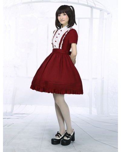 Dark Red Cotton Lolita One-piece Dress Short Sleeves Stand Collar Waist Belt Sweet Summer Daily Casual