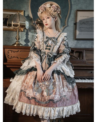 ROCOCO Style Lolita Dress Long Sleeves Ruffles Bows Lace Light Brown Classical Lolita One Piece Dress