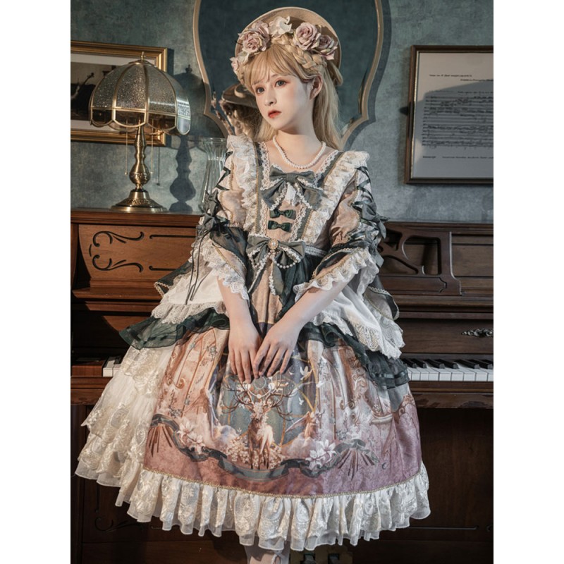 ROCOCO Style Lolita Dress Long Sleeves Ruffles Bows Lace Light Brown Classical Lolita One Piece Dress