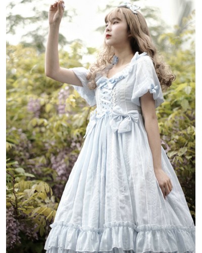 Lolita Dress Chiffon Short Sleeves Ruffles Bowknot Light Sky Blue Lolita Dress Sweet Spring Summer Daily Casual Tea Party