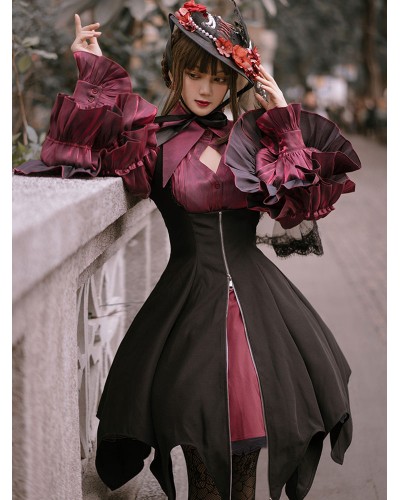 Gothic Lolita Blouses Burgundy Long Sleeves Bows Ruffles Polyester Lolita Shirt Steampunk Spring Summer Fall