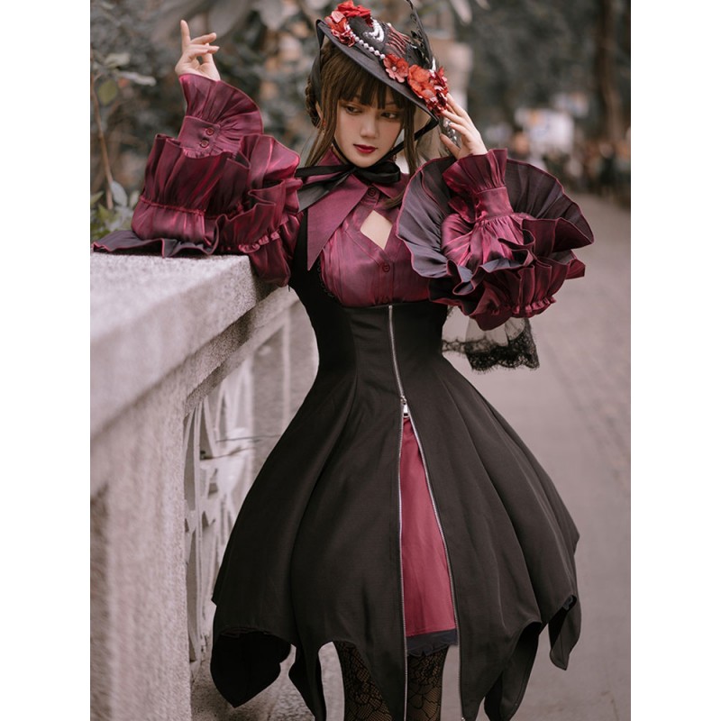 Gothic Lolita Blouses Burgundy Long Sleeves Bows Ruffles Polyester Lolita Shirt Steampunk Spring Summer Fall