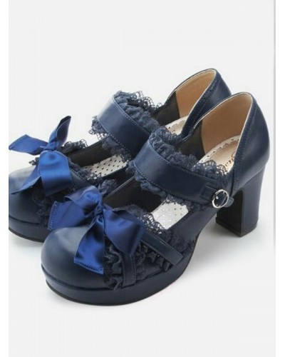 Sweet Lolita Dark Navy Lace Square Toe Bows Chunky Heel Lolita Pump Shoes