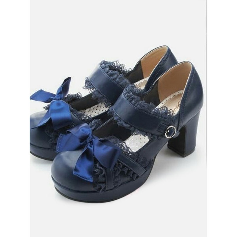 Sweet Lolita Dark Navy Lace Square Toe Bows Chunky Heel Lolita Pump Shoes