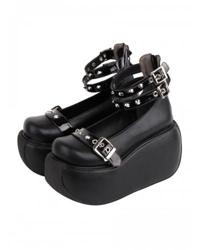 Gothic Lolita Footwear Black Rivets Round Toe PU Leather Lolita Pumps Shoes