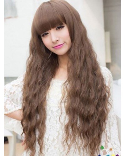 Women Hair Light Brown Tousled Long Curly Synthetic With Bangs Wigs Chic  Modern