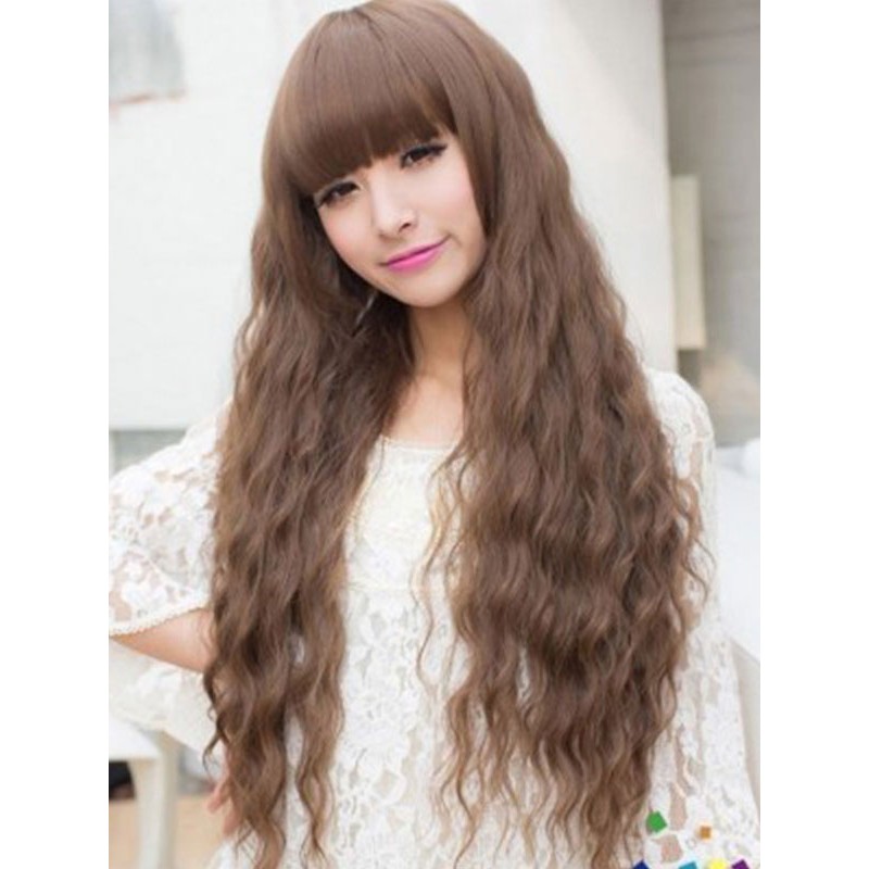 Women Hair Light Brown Tousled Long Curly Synthetic With Bangs Wigs Chic  Modern