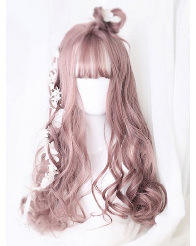 Sweet Lolita Wigs Tan Long Curly Blunt Bangs Spiral Curls Dolles Synthetic Hair Wigs Tea Party