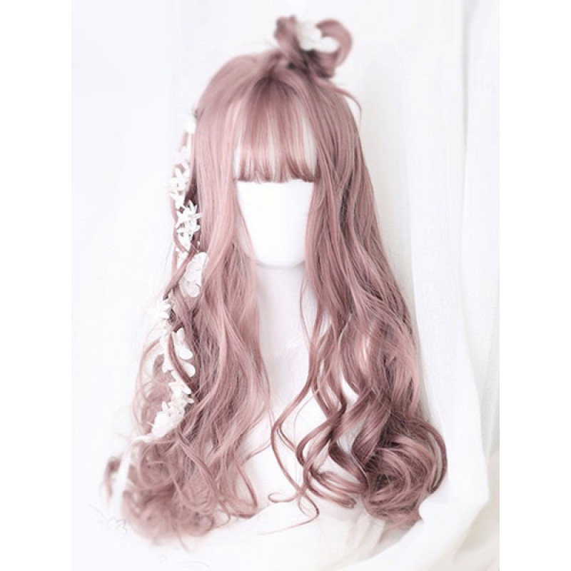 Sweet Lolita Wigs Tan Long Curly Blunt Bangs Spiral Curls Dolles Synthetic Hair Wigs Tea Party