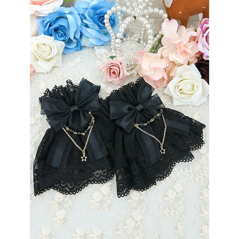 Sweet Lolita Wrist Band Ribbon Bow Metal Detail Lace Lolita Oversleeve Accessories Tea Party