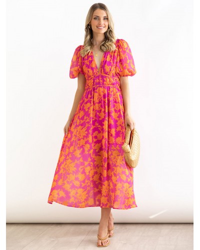 Women Dress V-Neck Floral Print Rose Long Beach Dress Maxi Summer