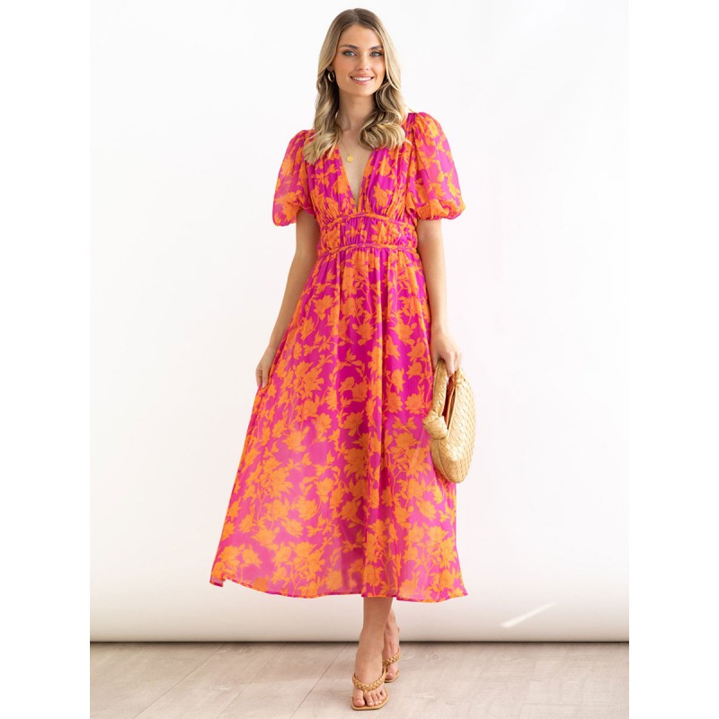 Women Dress V-Neck Floral Print Rose Long Beach Dress Maxi Summer