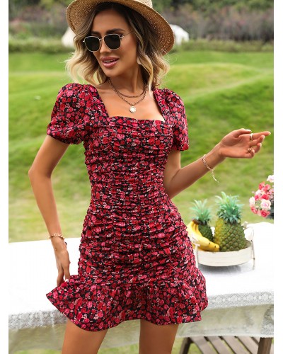 Women Mini Dresses Red Square Neck Ruffles Floral Print Beach Dress Summer Street Wear Daily Casual Resort Wear