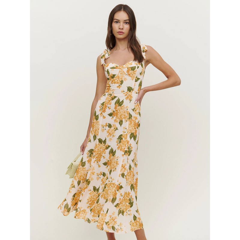 Women Floral Print Backless Chiffon Sweetheart Neck Sleeveless Midi Dress Bodycon Summer