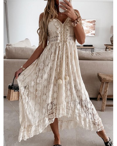 Fringe Open Shoulder Sexy Off-The-Shoulder Sleeveless Lace Dresses Summer Beach