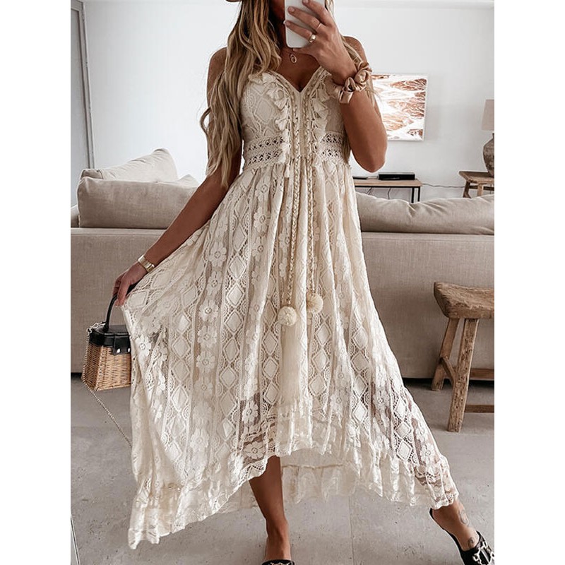 Fringe Open Shoulder Sexy Off-The-Shoulder Sleeveless Lace Dresses Summer Beach