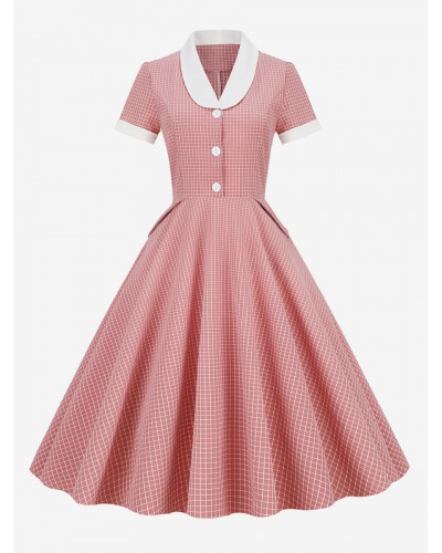 Barbie Pink Gingham Dress 1950s Audrey Hepburn Style Short Sleeves Dress Vintage Retro Summer