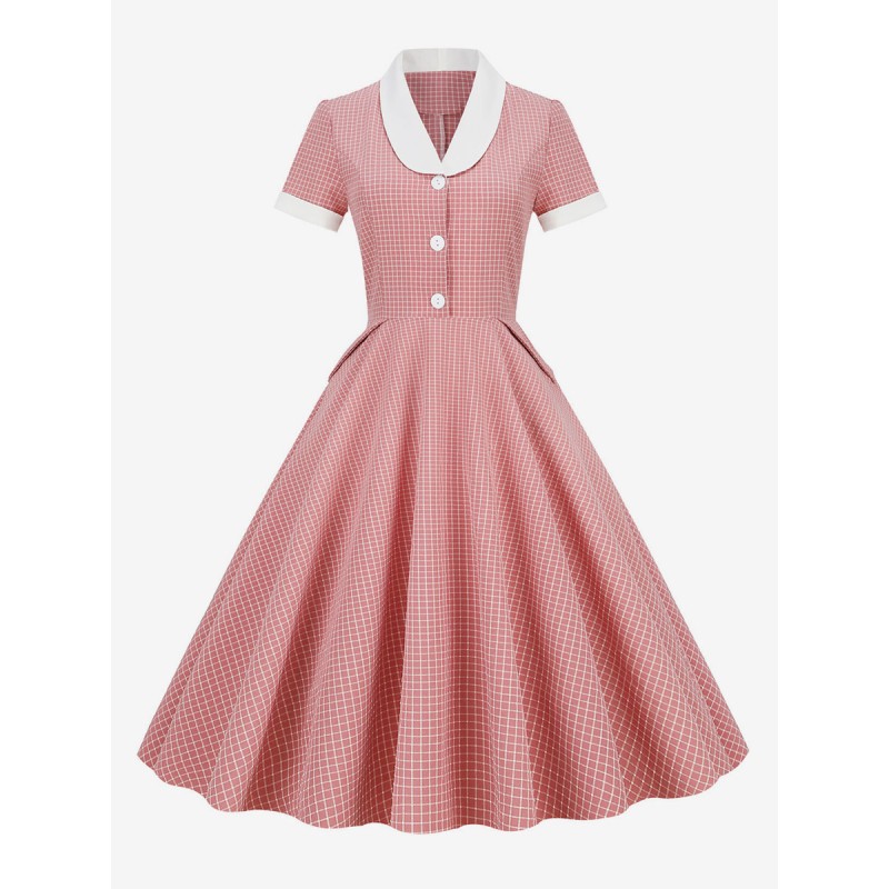 Barbie Pink Gingham Dress 1950s Audrey Hepburn Style Short Sleeves Dress Vintage Retro Summer