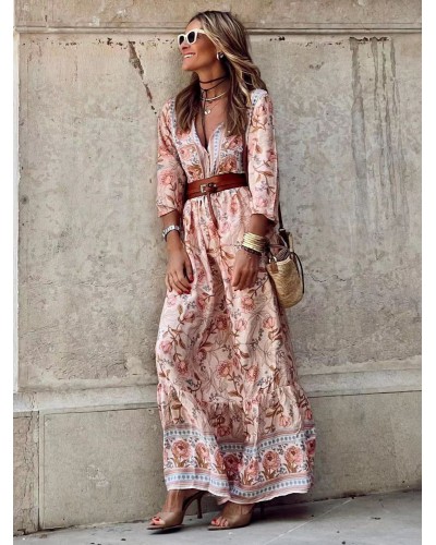 Women Dresses Floral V-Neck Long Sleeves Maxi Dress Bodycon Casual Bohemian Spring Summer Fall