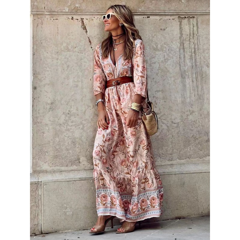 Women Dresses Floral V-Neck Long Sleeves Maxi Dress Bodycon Casual Bohemian Spring Summer Fall