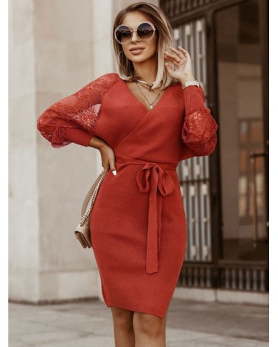 Women Knitted Dress Charming V-Neck Long Sleeves Dresses Classic  Traditional Fall Winter