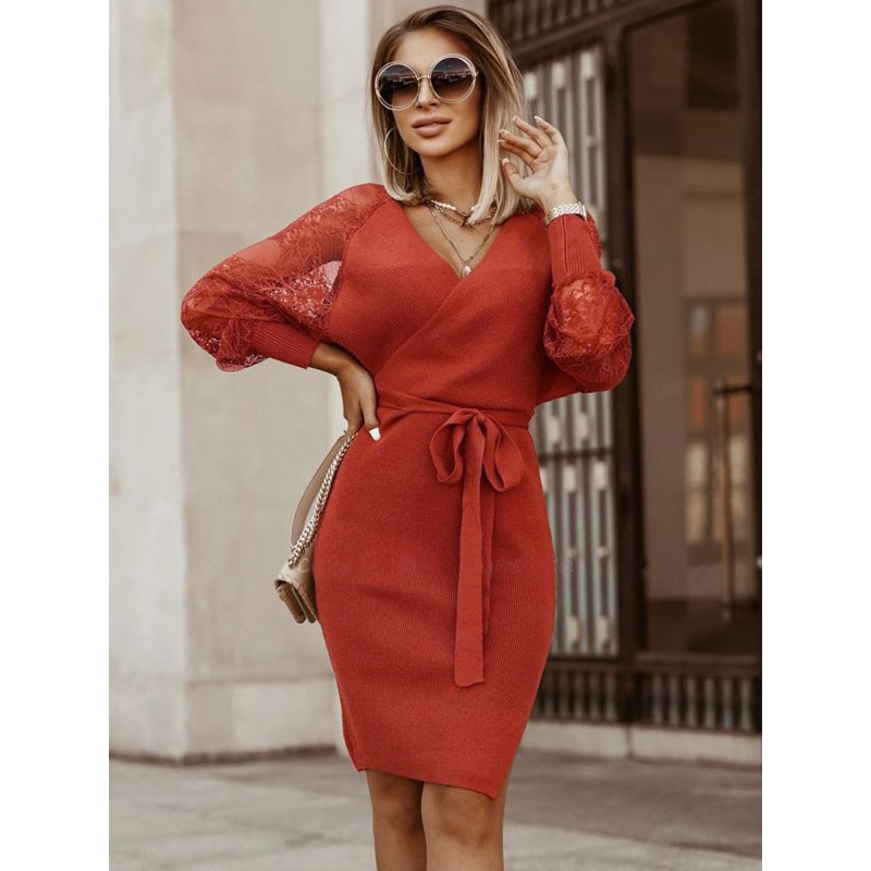 Women Knitted Dress Charming V-Neck Long Sleeves Dresses Classic  Traditional Fall Winter