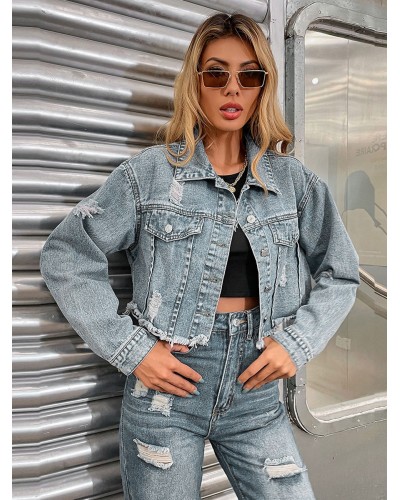 Women Denim Jacket Turndown Collar Light Sky Blue Relaxed Fit Casual Spring Fall Outerwear Cowboy Field Street Wear