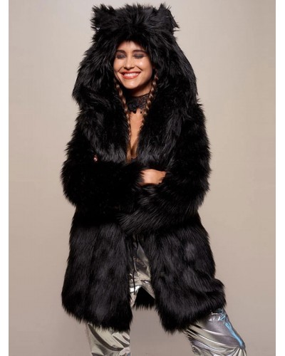 Women Wolf Faux Fur Coat Hooded Black Cat Ears Long Sleeves Winter Outerwear Casual Street Wear