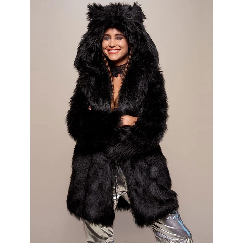 Women Wolf Faux Fur Coat Hooded Black Cat Ears Long Sleeves Winter Outerwear Casual Street Wear