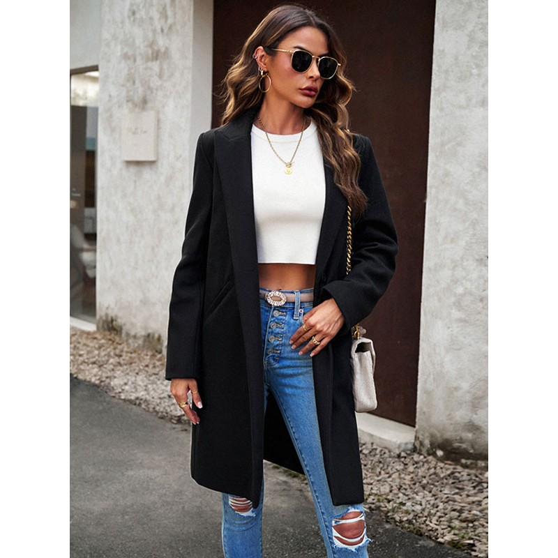 Women Coat Turndown Collar Long Sleeves Midi Blazer Jacket Chic  Modern Casual Street Wear Daily Casual Field