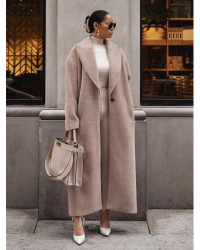 Woman Coat Khaki Turndown Collar Long Sleeves Buttons Maxi Coat Casual